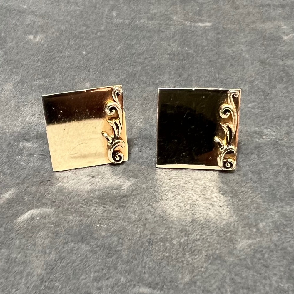 Vintage Swank Gold Tone Square Cufflinks Scroll Design Detail Mid Century‎